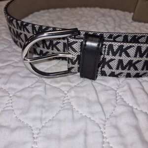 Michael Kors Black & White MK Logo Canvas Belt with Silver Buckle